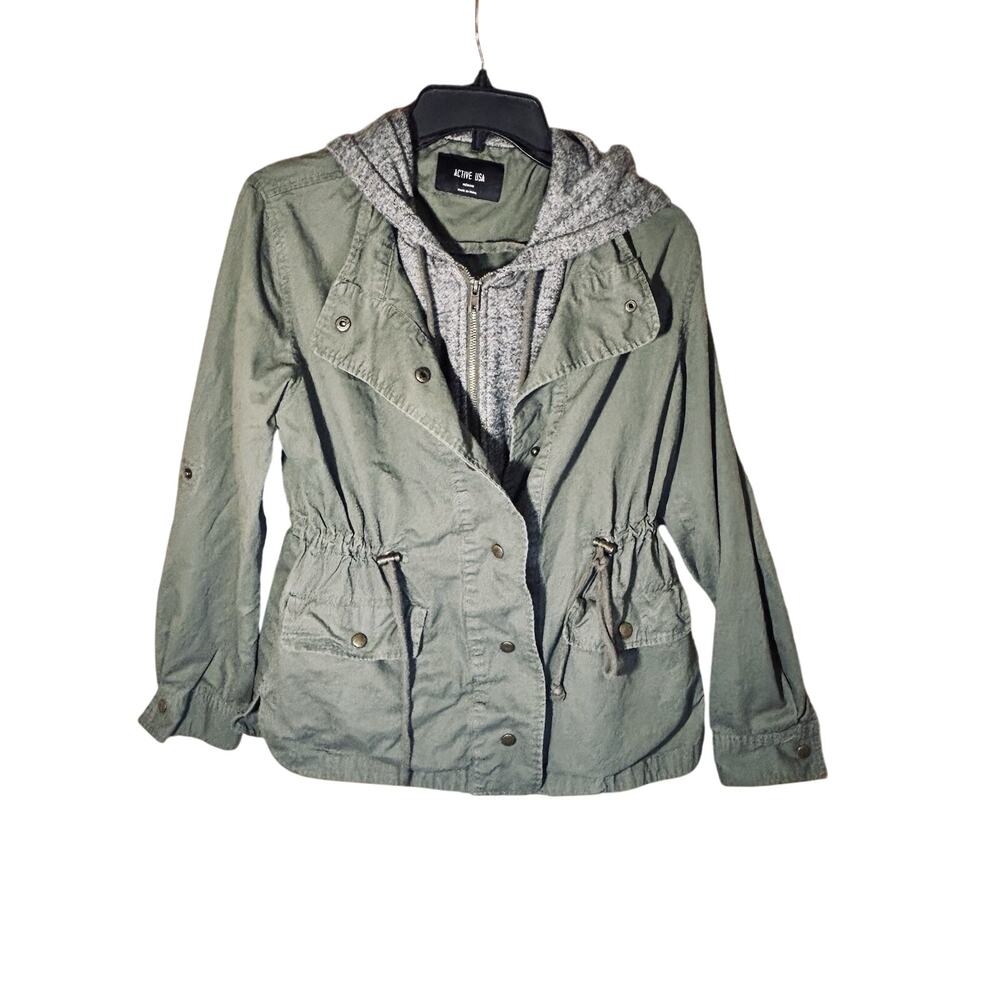 Acrive USA Green utility military Jacket Y2K coat double sweatshirt hoodie Med